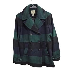 St. John’s Bay Green/ Navy Plaid Double Breasted Women's Wool Pea Coat Size M